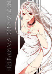  absurdres akashiya_moka bare_shoulders breasts choker cleavage commentary_request copyright_name dress female grey_hair highres inner_moka jewelry long_hair looking_at_viewer medium_breasts nail_polish necklace pearl_necklace red_eyes rosario+vampire sakiryo_kanna side_slit smile solo strapless strapless_dress very_long_hair white_dress 