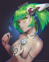  android bare_shoulders black_light blue_hair breasts chromatic_aberration closed_mouth collarbone commentary crop_top dimension_w eyebrows female glowing green_eyes green_hair hand_on_own_chest headgear medium_breasts multicolored_hair power_symbol short_hair solo streaked_hair tattoo two-tone_hair upper_body watermark web_address yurizaki_mira 