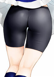  ass ass_focus bike_shorts black_shorts close-up commentary_request female from_behind gundam gundam_build_fighters gundam_build_fighters_try hoshino_fumina kneepits shinobu_(tyno) shorts simple_background skindentation skirt socks solo standing white_background wind wind_lift 