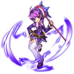  :o absurdres aisha_landar belt brown_footwear dress elsword female full_body hair_tubes hand_on_own_hip highres holding holding_staff looking_at_viewer magic magician_(elsword) necktie official_art open_mouth purple_dress purple_eyes purple_hair red_necktie ress shoes short_hair solo staff thighhighs transparent_background white_thighhighs zettai_ryouiki 