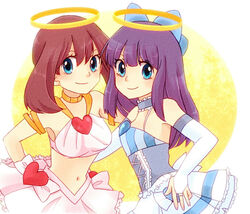  2girls alternate_costume alternate_headwear blue_eyes bridal_gauntlets brown_hair choker commentary_request corset cosplay dawn_(pokemon) dress frills hagino_aki halo halterneck may_(pokemon) midriff multiple_girls navel no_headwear panty_&amp;_stocking_with_garterbelt panty_(psg) panty_(psg)_(cosplay) pokemon purple_hair skirt smile stocking_(psg) stocking_(psg)_(cosplay) white_dress white_skirt 