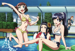  3boys 3girls :d :o ;d alternate_hairstyle ball barefoot beachball bikini black_hair breasts brown_hair camera cleavage flower frilled_bikini frills glasses green_eyes hair_flower hair_ornament highres inflatable_raft jumping kakumeiki_valvrave long_hair medium_breasts multiple_boys multiple_girls navel nobi_marie official_art one_eye_closed open_mouth orange_hair otamaya_yuusuke peeking_out ponytail pool purple_eyes purple_hair red_eyes rukino_saki sashinami_shouko scan school_uniform shiny_skin short_hair sitting smile sunflower swimsuit tamura_satomi thumbs_up tokishima_haruto water yamada_raizou 