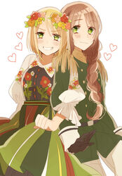  2girls axis_powers_hetalia belt black_gloves blonde_hair blush braid brown_hair commentary_request dress epaulettes floral_print flower flower_wreath genderswap_(mtf) gloves green_eyes grin head_wreath heart highres lithuania lithuania_(hetalia) locked_arms long_hair long_sleeves looking_at_another looking_at_viewer military military_uniform multiple_girls ninonuko pants poland_(hetalia) polish_clothes rule_63 short_hair simple_background single_braid slavic_clothes smile sweatdrop traditional_clothes uniform white_background 