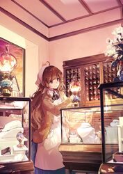  ahoge apron bad_link blue_skirt blurry brown_eyes brown_hair cabinet cardigan cover cover_page depth_of_field display_case drawing_(object) earrings female flower head_scarf highres housekihaki_no_onnanoko indoors jewelry kei_(k_tmr) kerosene_lamp long_hair long_skirt long_sleeves looking_away neck_ribbon necklace novel_cover official_art open_cardigan open_clothes ribbon shop skirt smile solo standing unworn_jewelry unworn_necklace wing_collar 