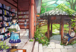  1boy 2girls bench black_hair blue_eyes book bookshelf commentary_request desk flower gazebo glasses grass hair_flower hair_ornament indoors library long_hair multiple_girls original plant pleated_skirt reading school_uniform serafuku shigureteki short_hair sitting skirt smile thighhighs tree twintails vines 