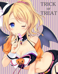  ;) ayase_eli blonde_hair blue_eyes breasts candy cleavage closed_mouth commentary_request demon_wings detached_sleeves english_text female food garter_straps gatakenjin halloween halterneck hat large_breasts leaning_forward love_live! love_live!_school_idol_festival love_live!_school_idol_project microskirt mini_hat mini_witch_hat navel one_eye_closed photoshop_(medium) ponytail skirt smile solo striped striped_background trick_or_treat vertical_stripes wings witch_hat 