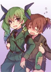  2girls =_= alisa_(girls_und_panzer) anchovy_(girls_und_panzer) anzio_military_uniform bad_id bad_pixiv_id bottle brown_hair closed_eyes drill_hair drunk freckles girls_und_panzer green_hair long_hair military military_uniform multiple_girls open_mouth saunders_military_uniform short_hair twin_drills uniform wavy_mouth wine_bottle yuukome_(tekunon) 