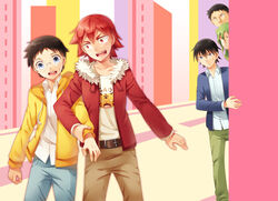  5boys bad_id bad_pixiv_id belt black_hair blue_eyes blush collarbone cr72 glasses green_hair jacket long_hair male_focus multiple_boys naruko_shoukichi onoda_sakamichi open_clothes open_jacket open_mouth photoshop_(medium) red_eyes red_hair tiger yowamushi_pedal 