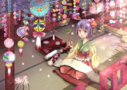  ball bird bow calligraphy_brush candy commentary_request female flower food green_kimono hair_flower hair_ornament hieda_no_akyuu highres japanese_clothes kimono open_mouth origami paintbrush paper_crane purple_eyes purple_hair rikkunia scroll short_hair sitting smile solo table tatami touhou vase 