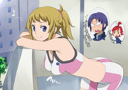  2boys ass bare_shoulders bike_shorts blue_eyes blue_hair breasts brown_hair commentary_request female glasses gundam gundam_build_fighters gundam_build_fighters_try hanging_breasts hoshino_fumina kamiki_sekai kizaki_(volvox) kousaka_yuuma medium_breasts midriff multiple_boys ponytail red_hair sports_bra translation_request two-tone_sports_bra 