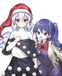  2girls alternate_hairstyle blue_eyes blue_hair blush commentary_request cosplay costume_switch doremy_sweet doremy_sweet_(cosplay) hairstyle_switch hat kishin_sagume kishin_sagume_(cosplay) long_hair long_sleeves multiple_girls nightcap open_mouth pom_pom_(clothes) red_eyes red_hat short_hair simple_background single_wing smile soooooook2 touhou turtleneck white_background white_hair wings 