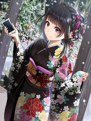  black_hair black_kimono blush braid brown_eyes cellphone commentary crown_braid dutch_angle female floral_print flower forest from_side furisode hair_flower hair_ornament hairpin hands_up holding holding_phone japanese_clothes kentaurosu kimono light_smile long_sleeves looking_ahead matsuno_chiya nature new_year obi obiage obijime original outdoors phone phone_with_ears plant sash sidelocks smartphone snowing solo standing tree updo wide_sleeves 