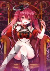  argyle_clothes argyle_legwear bad_id bad_pixiv_id bare_shoulders crop_top cross crossed_legs crown detached_sleeves evil_eye_(sound_voltex) female grace_(sound_voltex) halo long_hair looking_at_viewer midriff open_mouth pink_eyes pink_hair puffy_short_sleeves puffy_sleeves scepter shaded_face shnva short_sleeves sitting skirt smile solo sound_voltex throne twintails very_long_hair 