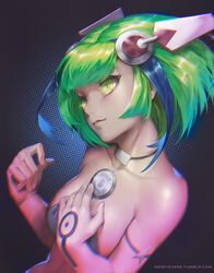  android bare_shoulders black_light blue_hair breasts closed_mouth collarbone commentary crop_top dimension_w eyebrows female glowing green_eyes green_hair hand_on_own_chest headgear medium_breasts multicolored_hair power_symbol short_hair solo streaked_hair tattoo two-tone_hair upper_body watermark web_address yurizaki_mira 