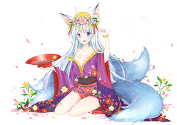  animal_ears bad_id bad_pixiv_id bare_legs bare_shoulders breasts cleavage commentary_request cup female flower fox_ears fox_tail hair_ornament hand_up headdress japanese_clothes kimono long_hair medium_breasts mitsuki_(p&amp;d) mo_(k40633) multiple_tails oerba_yun_fang open_mouth petals purple_eyes puzzle_&amp;_dragons sakazuki sarashi sitting slit_pupils solo tail wariza white_background white_hair 