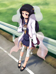  bad_id bad_pixiv_id black_hair boxcutter female highres horns ishida_seito kami_nomi_zo_shiru_sekai long_hair lune_(kaminomi) photoshop_(medium) red_eyes school_uniform serafuku skirt solo 