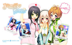  3girls :d antenna_hair axanael black_hair breasts brown_hair cross eyebrows fujimi_suzu green_eyes guitar hat headphones highres instrument large_breasts multiple_girls nitroplus nurse nurse_cap official_art official_wallpaper open_mouth pantyhose pink_hair purple_eyes red_cross red_eyes simple_background smile stethoscope super_sonico tsuji_santa watanuki_fuuri 