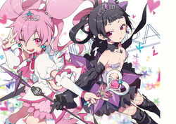  2girls black_gloves black_hair black_princess black_skirt boots breasts commentary_request detached_sleeves earrings fishnets gloves hani_haruka jewelry long_hair meer_rowe midriff multiple_girls navel necklace one_eye_closed open_mouth photoshop_(medium) pink_eyes pink_hair pink_princess pink_skirt puffy_sleeves red_eyes short_sleeves six_heart_princess skirt small_breasts smile teiue_tamaki tiara twintails 