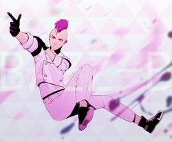  1boy armband bald bazz-b bleach bleach:_sennen_kessen-hen character_name commentary_request earrings gloves jewelry male_focus military military_uniform mohawk pink_eyes pink_hair solo uniform wandenreich wandenreich_uniform yaka_(kk1177) 