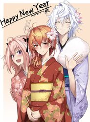  3boys ahoge alternate_hairstyle androgynous astolfo_(fate) blush closed_eyes embarrassed fate/grand_order fate_(series) flower hair_between_eyes hair_flower hair_ornament hair_ribbon happy_new_year japanese_clothes kimono long_hair looking_at_viewer merlin_(fate) multiple_boys new_year obi obiage obijime open_mouth orange_eyes orange_hair otoko_no_ko pink_hair purple_eyes rama_(fate/grand_order) ribbon sash shijiu_(adamhutt) smile white_hair 