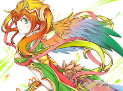  bad_id bad_pixiv_id breasts commentary_request earrings female green_eyes hair_ornament hair_over_one_eye jewelry leilan_(p&amp;d) long_hair medium_breasts mo_(k40633) multicolored_wings orange_hair puzzle_&amp;_dragons solo wings 