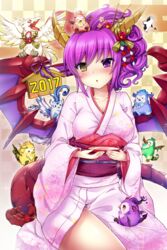  2017 commentary_request creature dragon_girl dragon_horns dragon_tail dragon_wings female heterochromia highres horns japanese_clothes kimono new_year obi obiage obijime pengdra purple_eyes purple_hair purple_wings puzzle_&amp;_dragons samoore sash sonia_(p&amp;d) tail wings yatagarasu yellow_eyes yukata 