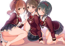  3girls :d ;) barefoot black_hair blazer blush bow brown_eyes brown_hair commentary_request girl_sandwich hairbow hand_on_another&#039;s_shoulder idolmaster idolmaster_cinderella_girls idolmaster_cinderella_girls_starlight_stage igarashi_kyoko jacket jpeg_artifacts kohinata_miho long_hair looking_at_viewer love_letter_(idolmaster) multiple_girls one_eye_closed one_side_up open_mouth pink_check_school_(idolmaster) plaid plaid_skirt saki_chisuzu sandwiched school_uniform shimamura_uzuki short_hair side_ponytail simple_background skirt smile 