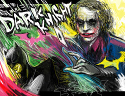  2boys bat_(animal) batman batman_(series) black_bodysuit bodysuit bonocho brown_eyes card closed_mouth collared_shirt commentary_request copyright_name dc_comics expressionless facepaint glasgow_smile heath_ledger joker_(dc) male_focus multiple_boys outline outstretched_arm parted_lips photoshop_(medium) pink_shirt playing_card shirt sketch smile the_dark_knight upper_body white_outline wing_collar 