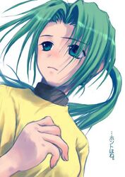  curtained_hair female green_eyes green_hair higurashi_no_naku_koro_ni long_hair looking_to_the_side parted_bangs ponytail shirt short_sleeves simple_background solo sonozaki_mion translated turtleneck umiichi_kurage upper_body white_background yellow_shirt 