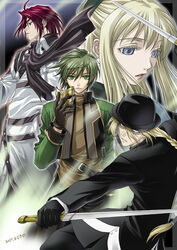  3boys albert_silverberg blonde_hair commentary_request expressionless female formal gensou_suikoden gensou_suikoden_iii glint green_hair half_updo hat holding holding_sword holding_weapon kedo_mitsuharu lips long_sleeves looking_at_viewer luc_(suikoden) mask multiple_boys red_hair sarah_(suikoden_iii) short_hair sidelocks suit sword top_hat upper_body weapon yuber_(suikoden) 