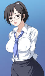  arms_behind_back black_eyes black_hair breasts commentary_request female glasses holon large_breasts necktie pencil_skirt ponytail real_drive short_hair skirt solo tannoi_(nyino) 