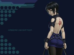  armor ass back back_tattoo backless_dress backless_outfit black_hair black_pantyhose blue_background blue_dress bob_cut breastplate copyright_name cuffs dress female from_behind kagerou:_kokumeikan_shinshou looking_at_viewer looking_back millennia pantyhose parted_bangs polka_dot polka_dot_background short_hair sidelocks solo standing tattoo taut_clothes taut_dress teiku_(take) turtleneck 