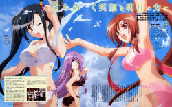  3girls absurdres bachou beach black_hair blush bra brown_hair copyright_name day highres hiratsuka_tomoya kan&#039;u_(koihime_musou) koihime_musou kouchuu lingerie multiple_girls official_art one_eye_closed outdoors panties ponytail purple_hair scan side_ponytail text_focus underwear underwear_only water watermark 