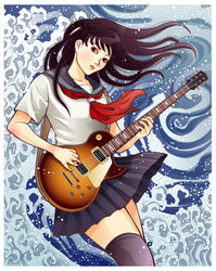  bad_id bad_pixiv_id black_hair brown_eyes electric_guitar female fine_art_parody guitar instrument kanagawa_okinami_ura long_hair nadeshiko_rin original parody photoshop_(medium) school_uniform serafuku solo thighhighs water zettai_ryouiki 