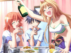  1boy 2girls akiyama_jun&#039;ichi alcohol beer blonde_hair blush closed_eyes drunk food game_cg himekawa_kazumi kinoshita_rumi long_hair midriff multiple_girls murakami_suigun orange_hair panties pia_carrot_(series) pia_carrot_e_youkoso!!_g.o. short_hair smile table underwear 