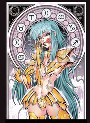  adapted_costume aqua_hair aquarius_(symbol) aries_(symbol) armor bikini_armor blue_eyes breasts cancer_(symbol) capricorn_(symbol) cleavage female floral_print flower flower_in_mouth future_studio_(artist) gemini_(symbol) genderswap_(mtf) gold_armor gold_saint hand_on_own_hip lipstick long_hair makeup medium_breasts midriff mole mole_under_eye mouth_hold mu_fengchun pisces_(symbol) pisces_(zodiac) pisces_aphrodite red_flower red_rose rose rose_print rule_63 sagittarius_(symbol) saint_seiya shiny solo taurus_(symbol) very_long_hair zodiac zodiac_wheel 