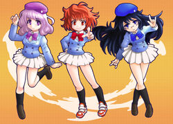  3girls \m/ akashi_kaoru b.a.b.e.l._uniform beret black_hair blue_eyes bow commentary_request crossed_legs ebi_tendon glasses hat kneehighs leg_lift light_purple_hair long_hair multiple_girls nogami_aoi photoshop_(medium) pointing purple_eyes red_eyes red_hair sannomiya_shiho school_uniform shoes short_hair skirt smile sneakers socks standing the_children watson_cross zettai_karen_children 