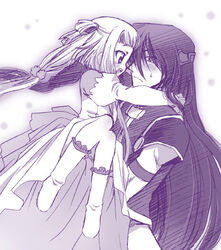  1boy blush carrying code_geass dress female happy holding hug li_xingke long_hair monochrome purple_theme socks sweatdrop tianzi twintails very_long_hair watanabe_sumiko 