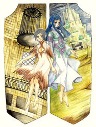  2girls barefoot cage castle crossover dress ico long_hair mono_(shadow_of_the_colossus) multiple_girls shadow_of_the_colossus short_hair traditional_media ura yorda 