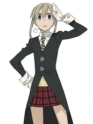  coat female flat_chest gloves green_eyes grey_hair hand_on_own_hip kizaki_(volvox) maka_albarn necktie plaid plaid_skirt pleated_skirt salute school_uniform skirt solo soul_eater standing striped trench_coat twintails 