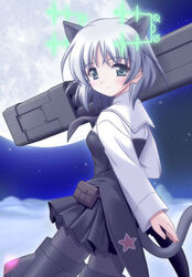  animal_ears black_pantyhose cat_ears cat_girl cat_tail female fliegerhammer flying green_eyes grey_hair grey_tail hirschgeweih_antennas holding holding_weapon moon multishot_rocket_launcher necktie night night_sky pantyhose rocket_launcher sanya_v._litvyak shiumai short_hair sky solo strike_witches striker_unit tail weapon world_witches_series 