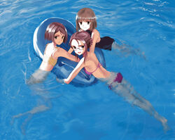  3girls akanegi_atsuko asahina_kyouko_(kita_e) bikini brown_eyes brown_hair commentary_request glasses harada_akari kita_e long_legs mocha_(snowflake) multiple_girls one-piece_swimsuit photoshop_(medium) short_hair side-tie_bikini_bottom skinny swimsuit water 