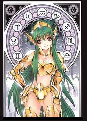  adapted_costume aquarius_(symbol) aquarius_(zodiac) aquarius_camus aries_(symbol) armor bikini_armor breasts capricorn_(symbol) cleavage female future_studio_(artist) gemini_(symbol) genderswap_(mtf) gold_armor gold_saint green_hair hand_on_own_hip helm helmet libra_(symbol) long_hair magic_circle medium_breasts midriff mu_fengchun pisces_(symbol) purple_eyes rule_63 sagittarius_(symbol) saint_seiya scorpio_(symbol) smile snowflake_print solo taurus_(symbol) very_long_hair zodiac zodiac_wheel 