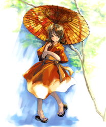  brown_eyes brown_hair closed_mouth female full_body holding holding_umbrella japanese_clothes kimono looking_at_viewer medium_hair myu_(neorosi) obi oil-paper_umbrella orange_kimono original pigeon-toed sandals sash short_hair solo tree umbrella white_background zouri 