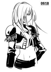  collared_jacket commentary_request cropped_jacket detached_sleeves epaulettes expressionless female gensou_suikoden gensou_suikoden_iv greyscale hand_on_own_hip jacket kika_(suikoden) long_hair long_sleeves midriff monochrome navel pants sanjou_sorata simple_background solo stomach vest white_background 