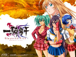  4girls ahoge antenna_hair aqua_eyes blonde_hair blue_eyes breasts cleavage crop_top dark-skinned_female dark_skin earrings eyepatch fingerless_gloves gloves green_eyes green_hair hands_on_own_hips ikkitousen ikkitousen_eloquent_fist jewelry kan&#039;u_unchou large_breasts long_hair magatama magatama_earrings midriff mole mole_under_mouth multiple_girls official_art official_wallpaper plaid plaid_skirt purple_hair red_skirt rin-sin ryofu_housen ryomou_shimei school_uniform short_hair skirt smile sonsaku_hakufu twintails vest 