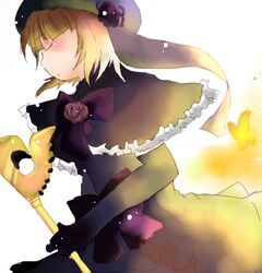  bad_id bad_pixiv_id blonde_hair blunt_bangs bug butterfly closed_eyes dress eva_beatrice female flower from_side gloves hat lowres mb999 profile rose short_hair simple_background solo staff umineko_no_naku_koro_ni 