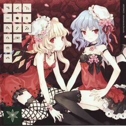  2girls album_cover alstroemeria_records blonde_hair blue_hair breasts choker cleavage cover cover_page cowboy_shot dress fishnets flandre_scarlet flat_chest flower hat highres jpeg_artifacts mob_cap multiple_girls one_side_up red_eyes remilia_scarlet scan scan_artifacts short_hair siblings sisters sitting small_breasts smile tearfish thighhighs touhou wings 