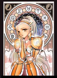  aquarius_(symbol) aries_(symbol) armor bikini_armor breasts cancer_(symbol) capricorn_(symbol) cleavage female future_studio_(artist) gemini_(symbol) genderswap_(mtf) gold_armor gold_saint horns leo_(symbol) long_hair medium_breasts mu_fengchun orange_eyes pisces_(symbol) ponytail rule_63 saint_seiya shiny silver_hair sitting solo taurus_(symbol) taurus_(zodiac) taurus_aldebaran tears very_long_hair virgo_(symbol) zodiac zodiac_wheel 