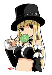  blonde_hair bow bowtie candy capcom_fighting_jam commentary_request female food hat imaizumi_teruhiko ingrid_(capcom) lollipop long_hair midnight_bliss midriff solo swirl_lollipop 